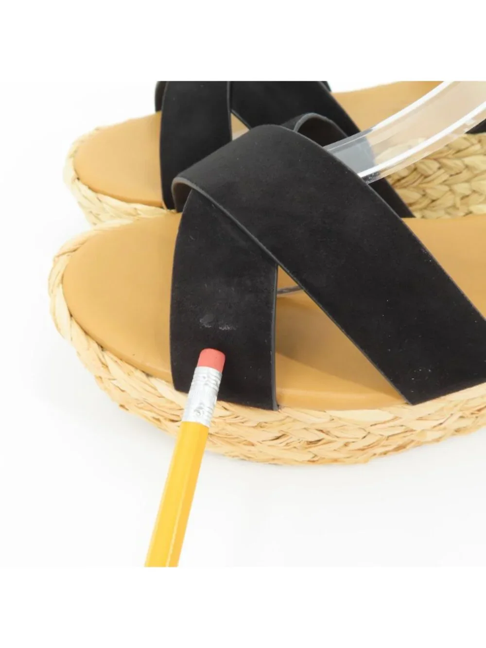 Qupid Women 9 Black Synthetic Strappy Woven Raffia Platform Wedge Sandals Shoes